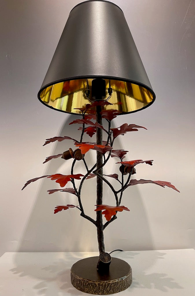 Red Oak and Acorn Table Lamp with Black Shade