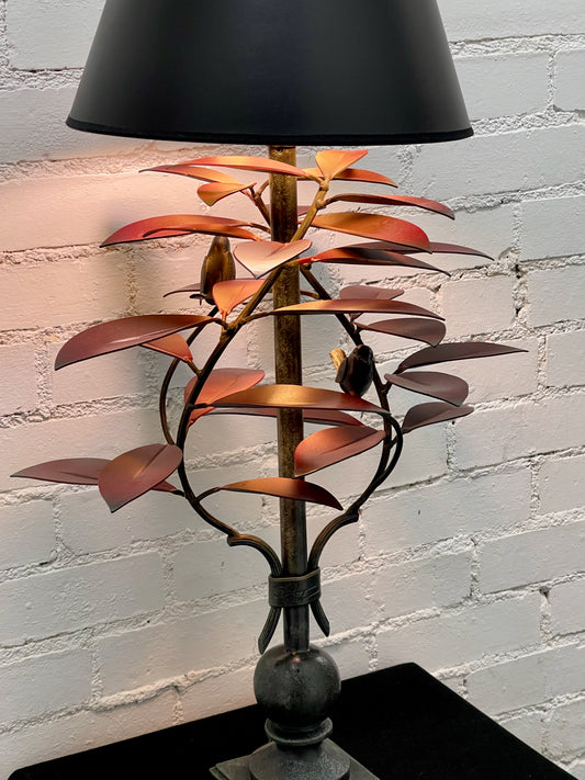 Red Laurel with Wrens Table Lamp with Black Shade