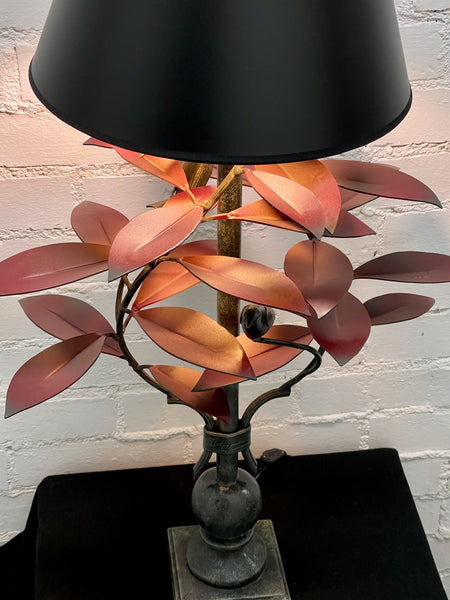 Red Laurel with Wrens Table Lamp with Black Shade