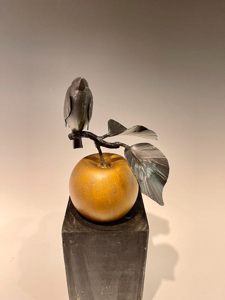 "Small Gold Apple and Wren" Hand Forged Metal Sculpture