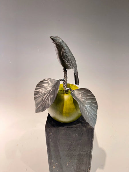 "Small Green Apple and Wren" Hand Forged Metal Sculpture
