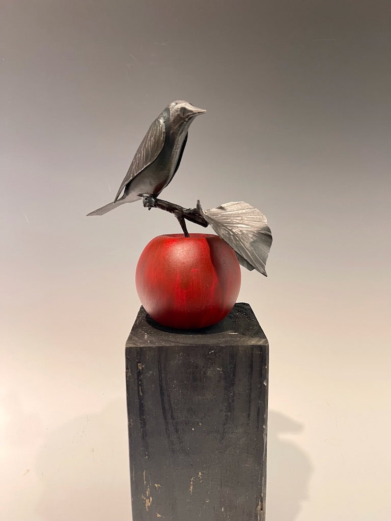 "Small Red Apple and Wren" Hand Forged Metal Sculpture