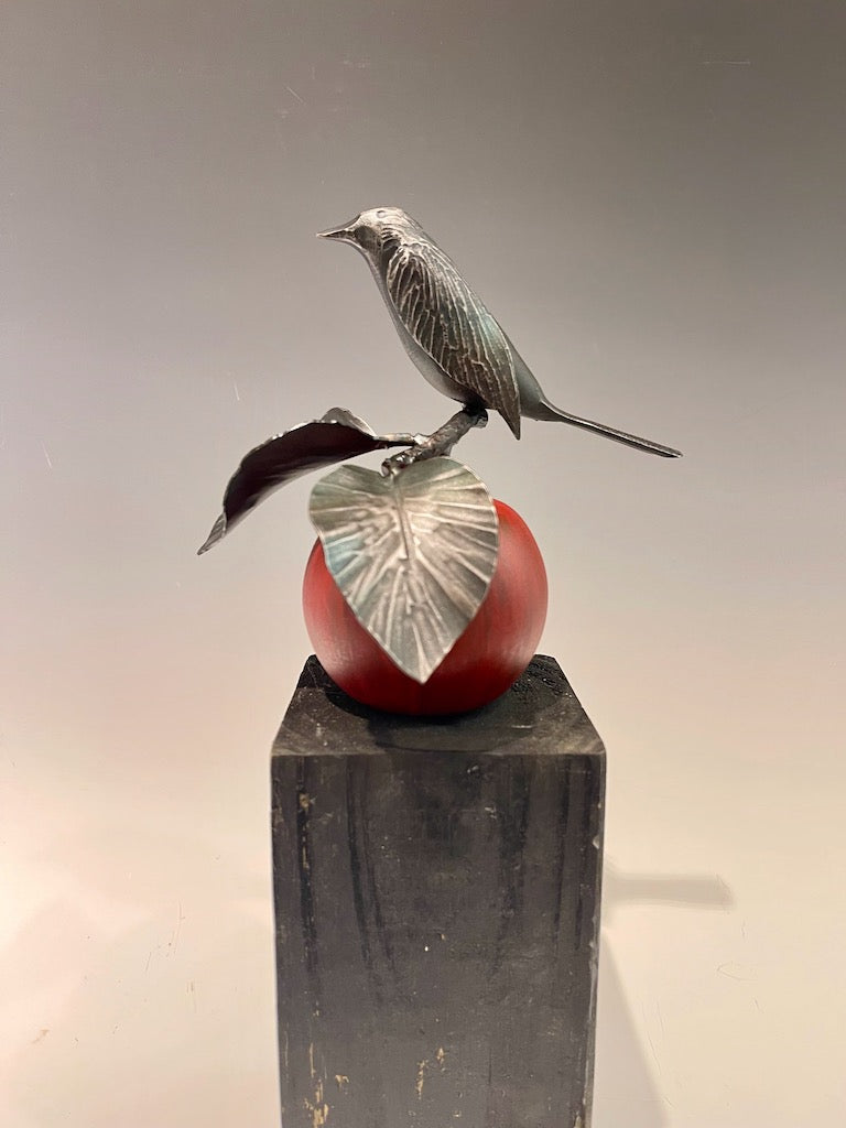 "Small Red Apple and Wren" Hand Forged Metal Sculpture