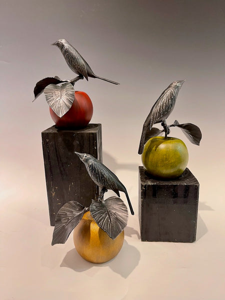 "Small Green Apple and Wren" Hand Forged Metal Sculpture