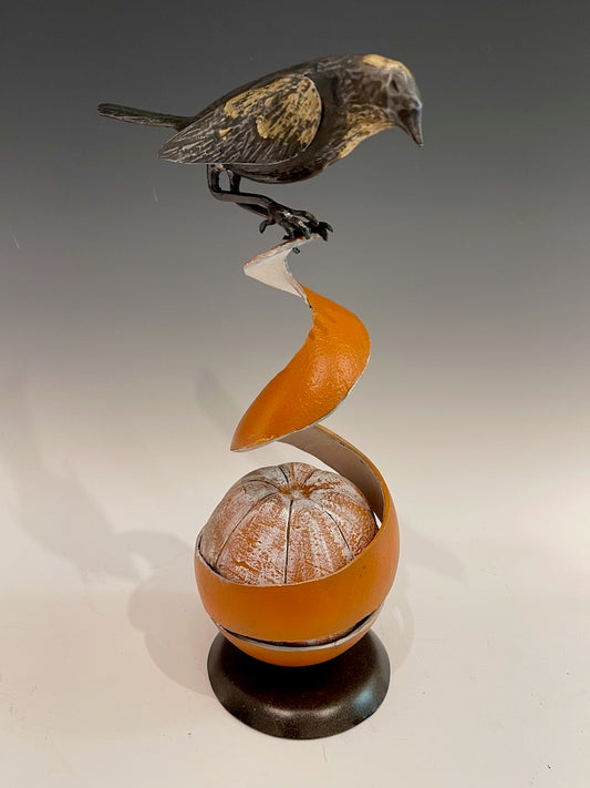 "Wren with Orange" Hand Forged Metal Sculpture