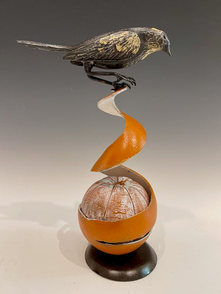 "Wren with Orange" Hand Forged Metal Sculpture