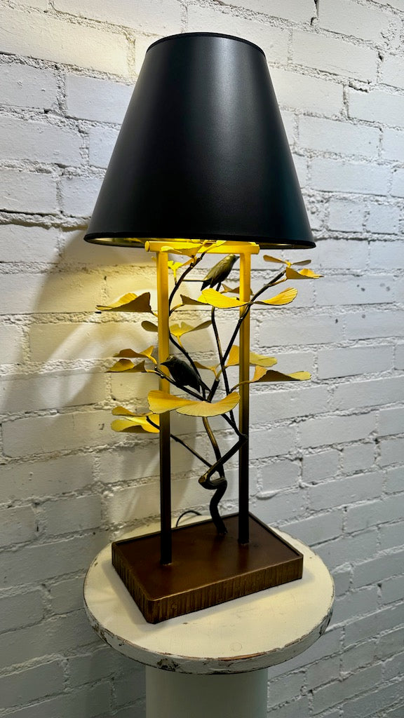 YELLOW GINGKO LAMP WITH WRENS with Black Shade