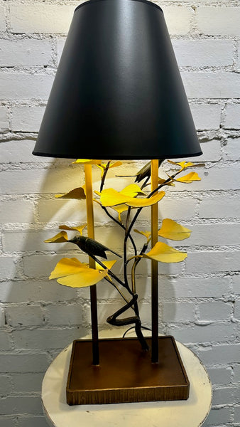YELLOW GINGKO LAMP WITH WRENS with Black Shade