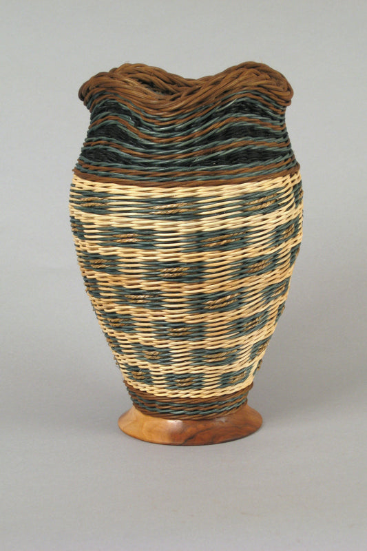 "Spotted" Mixed Media Basket with Hand Turned Walnut Wood Base