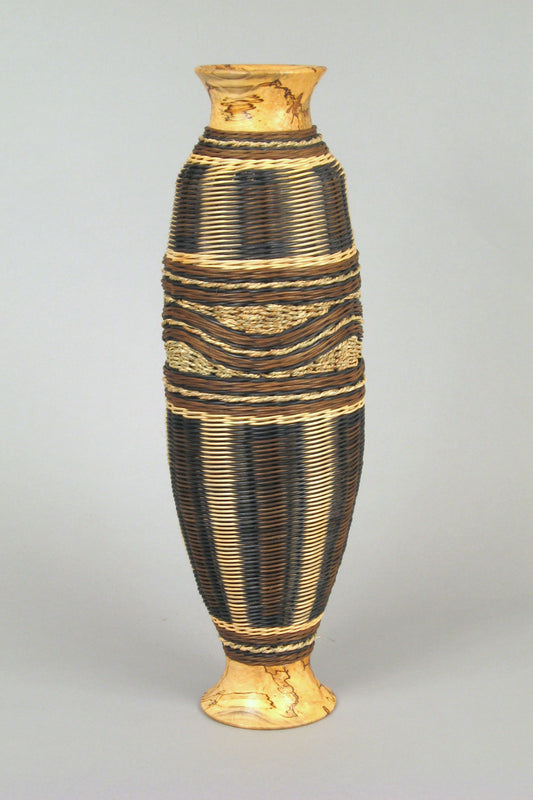 "Tall Gene's" Mixed Media Basket with Hand Turned Spalted Maple Wood Base and Lip