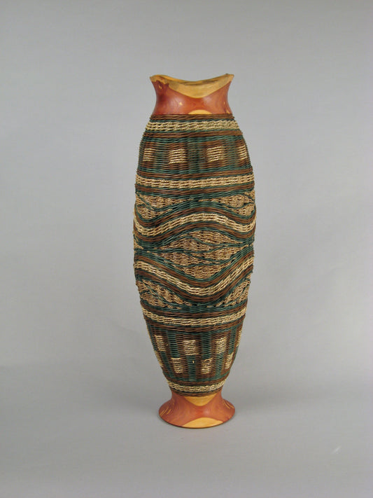 "Tall Two Rivers" Mixed Media Basket with Hand Turned Cedar Wood Base and Lip