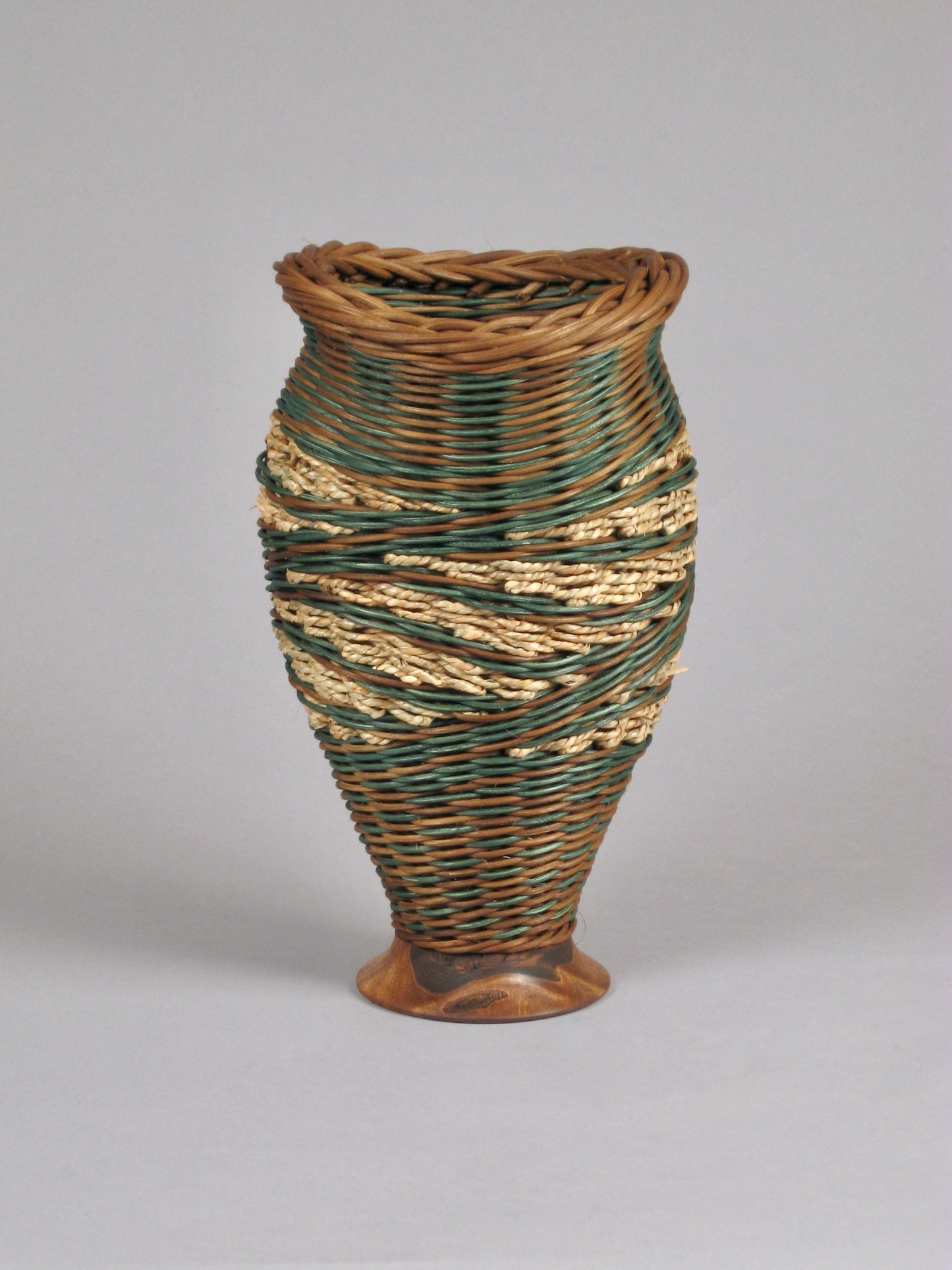 "Double Spiral”  Teal Mixed Media Basket with Hand Turned Walnut Wood Base