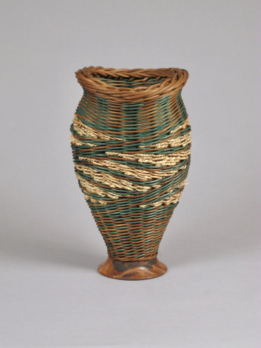 "Double Spiral”  Teal Mixed Media Basket with Hand Turned Walnut Wood Base