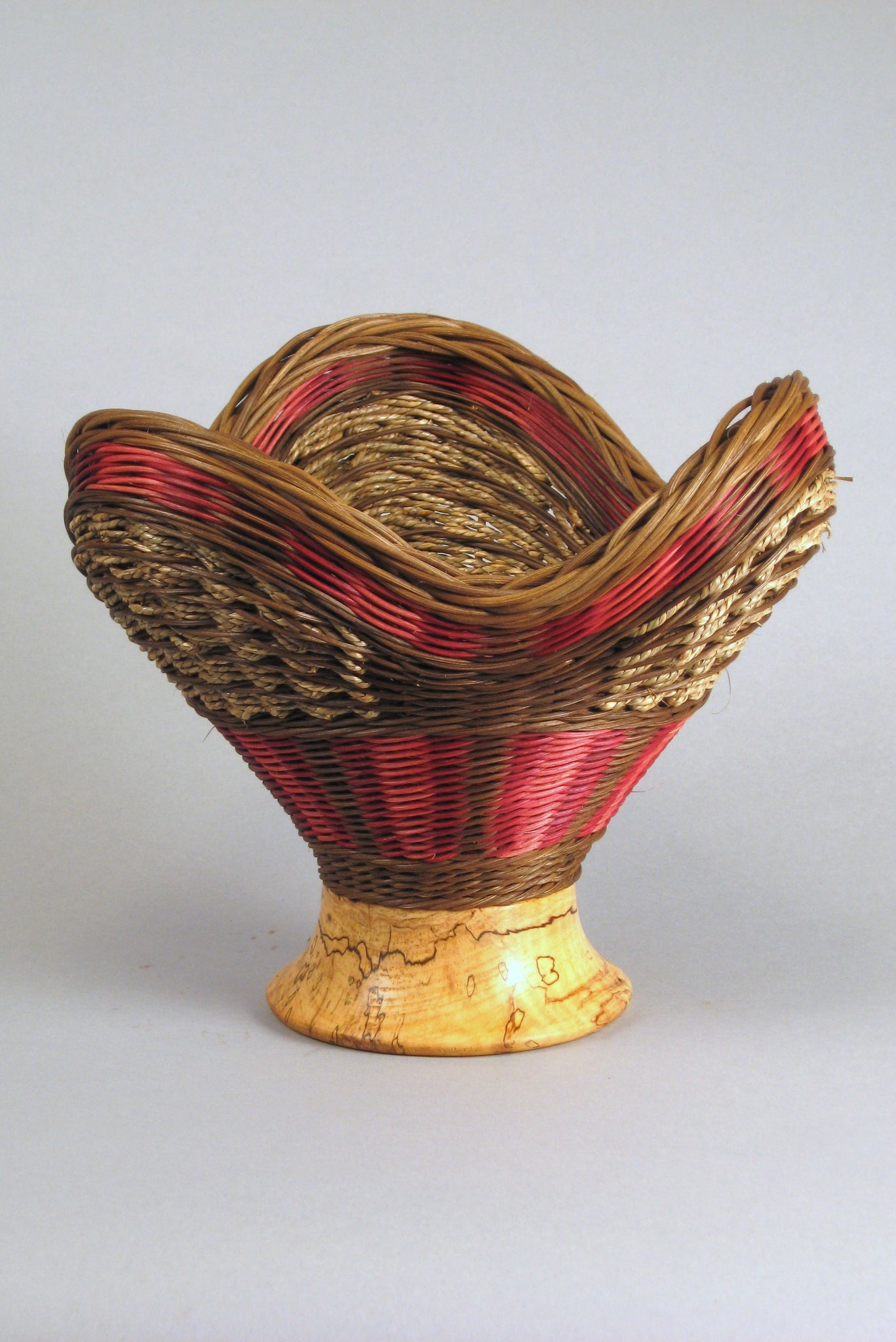 "Three Lobe Bowl with Maple” Mixed Media Basket with Hand Turned Wood Base