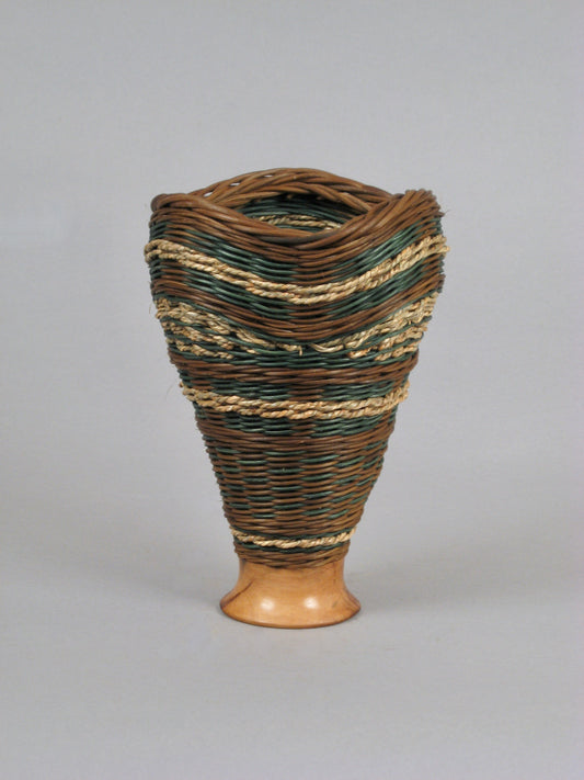 Triple Waves with Cherry” Mixed Media Basket with Hand Turned Wood Base