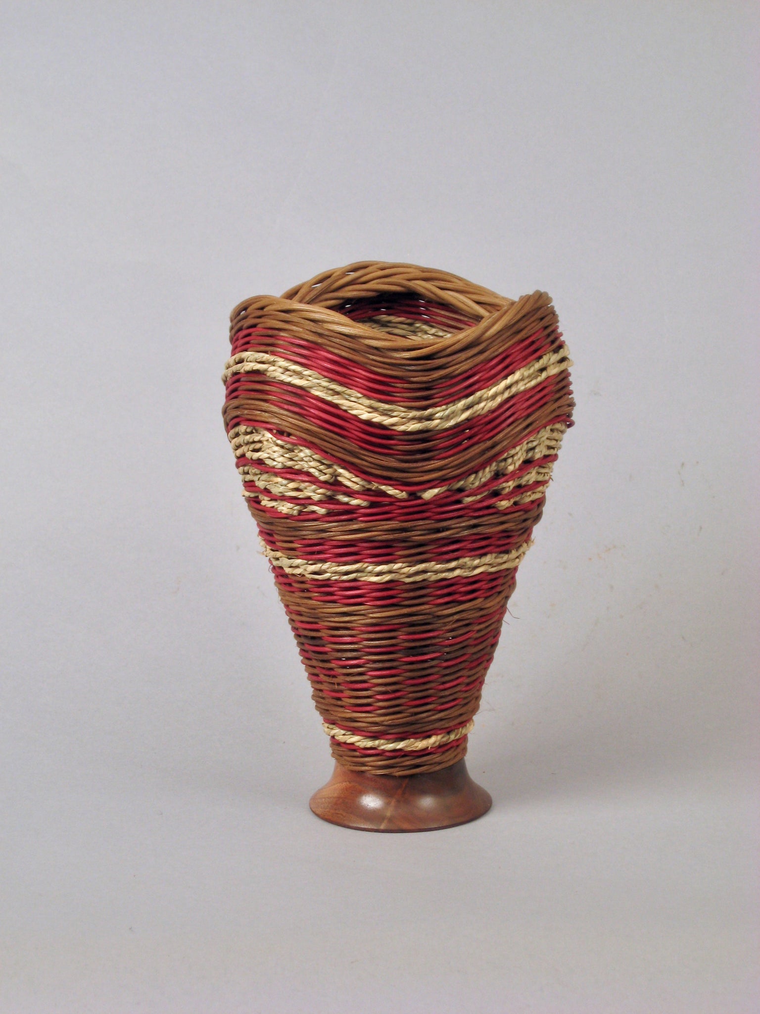 "Triple Waves with Burgundy and Walnut” Mixed Media Basket with Hand Turned Wood Base