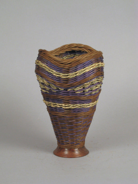 "Triple Waves with Navy and Walnut” Mixed Media Basket with Hand Turned Wood Base