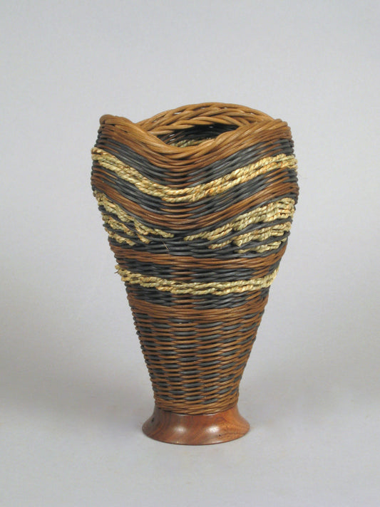 "Triple Waves” Mixed Media Basket with Hand Turned Walnut Wood Base