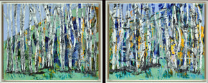 "Kindred Spirits" Original Oil and Cold Wax Diptych Painting with Deep White Wood Frame